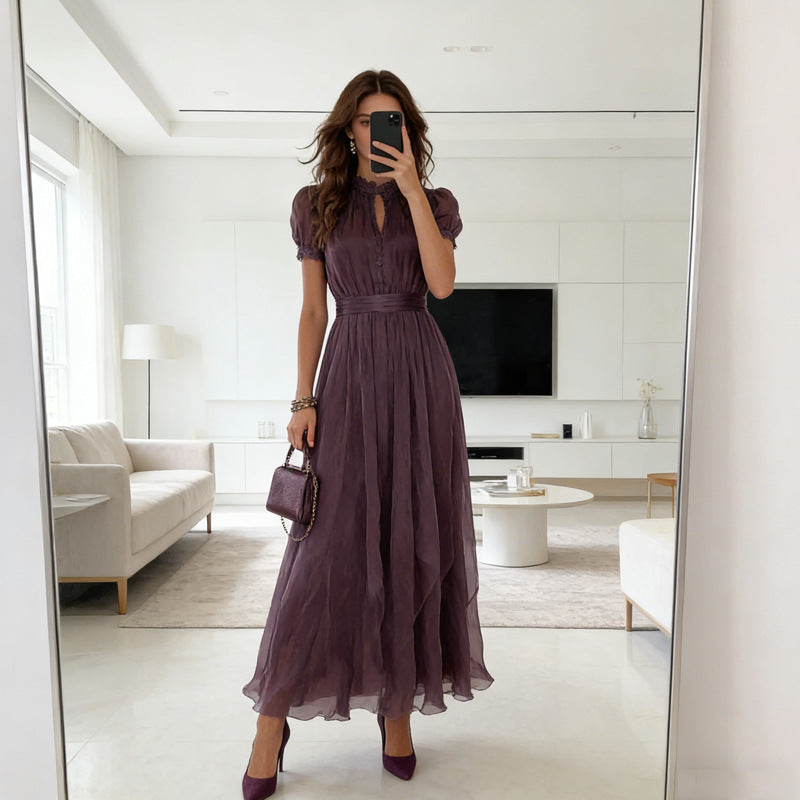 cinched waist and ruffled edges dress with keyhole neckline
