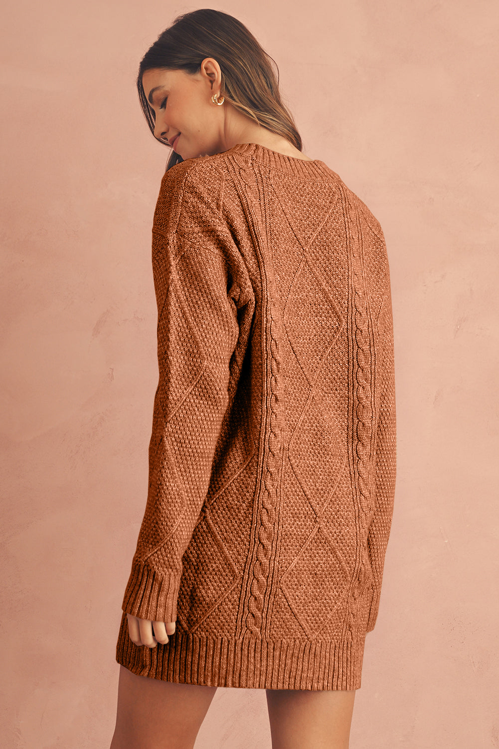 Burgundy Cable Knit Drop Shoulder Loose Fit Sweater Dress
