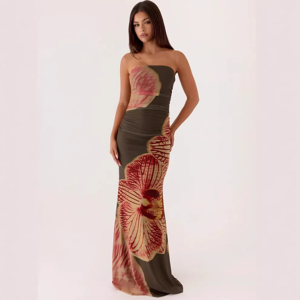 Printed strapless long dress
