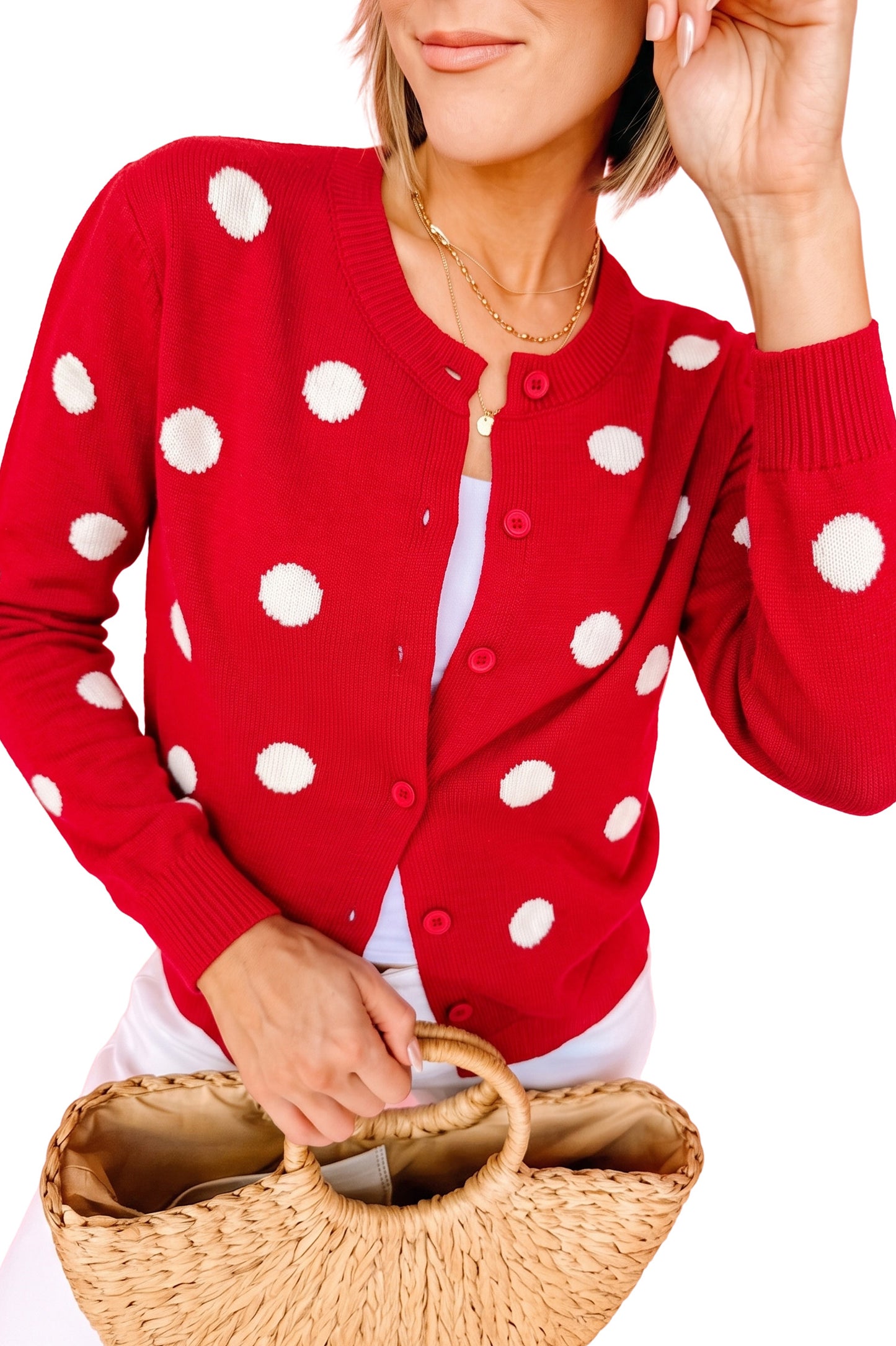 Yellow Cream Casual Polka Dot Button Front Long Sleeve Sweater Cardigan