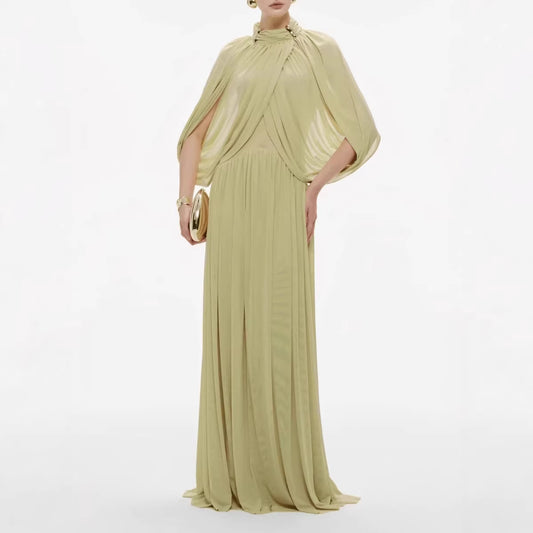 old hollywood cross-sleeved, form-fitting draped dress