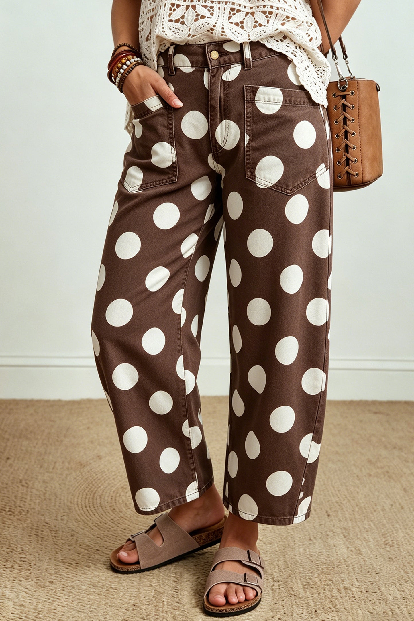 Brown Polka Dot Ankle-Length Jeans