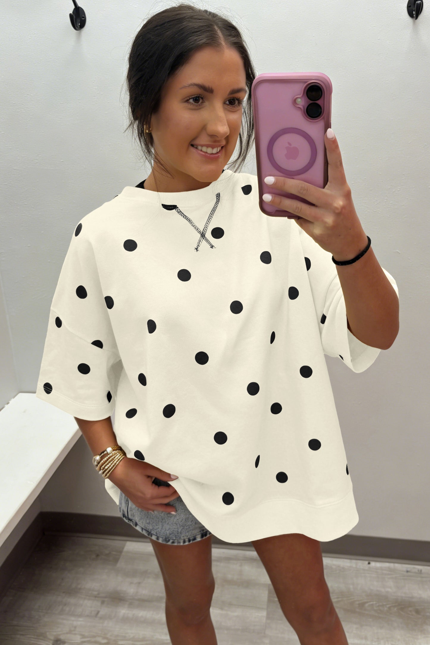 Beige Polka Dot Print Crossed Seam Detail Oversize Tee