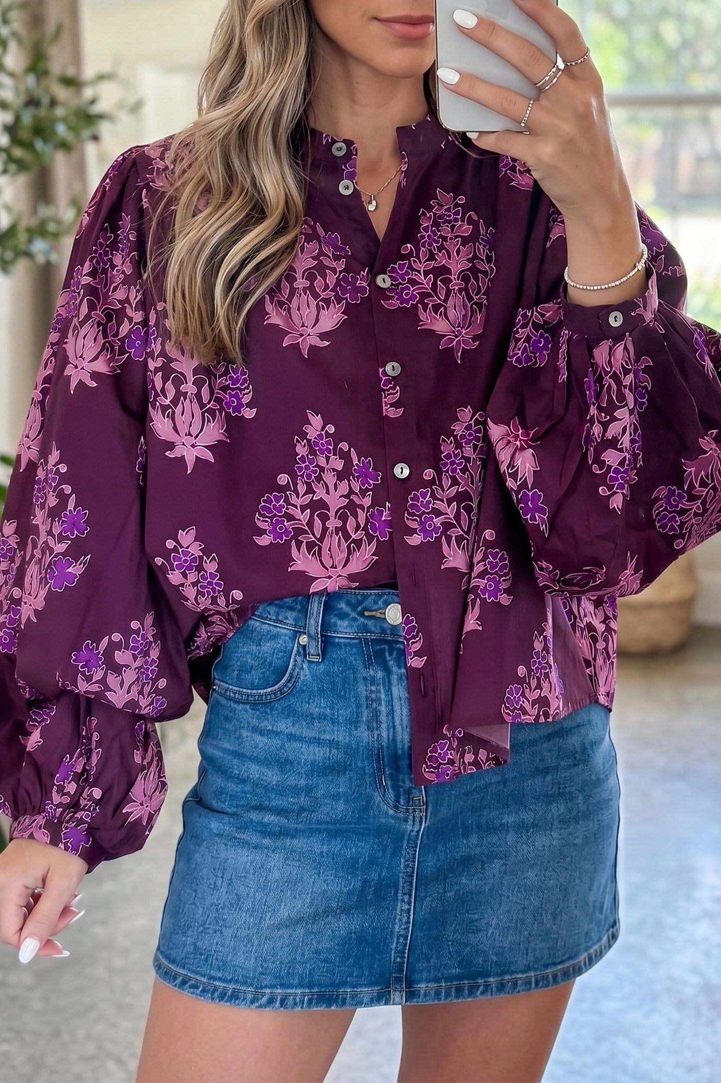Purple Floral Print Button-Up Long Sleeve Regular Fit Shift Blouse