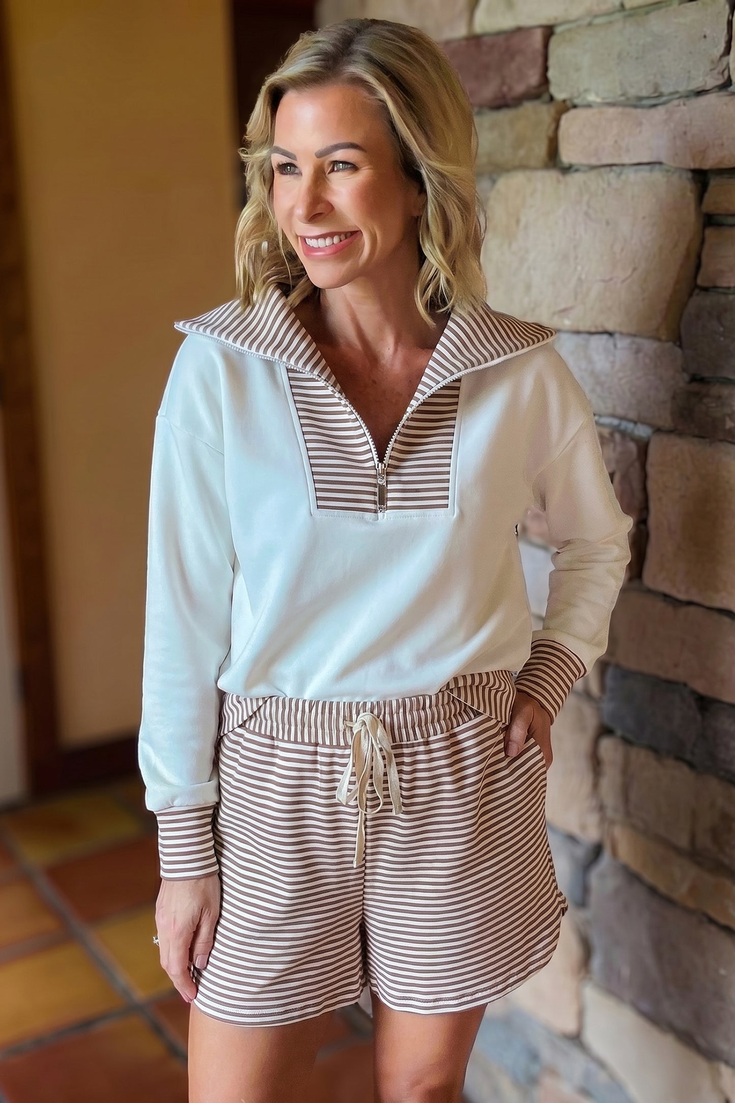 Khaki Stripe Color Block Patchwork Long Sleeve Top Drawstring Shorts Set
