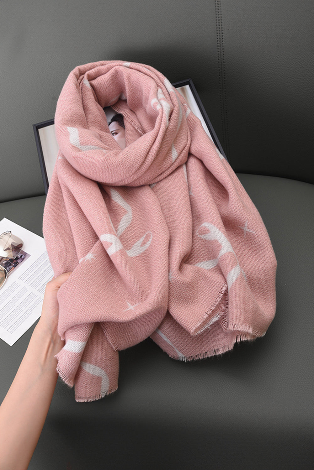 Pink Bow Star Print Raw Edge Lightweight Scarf