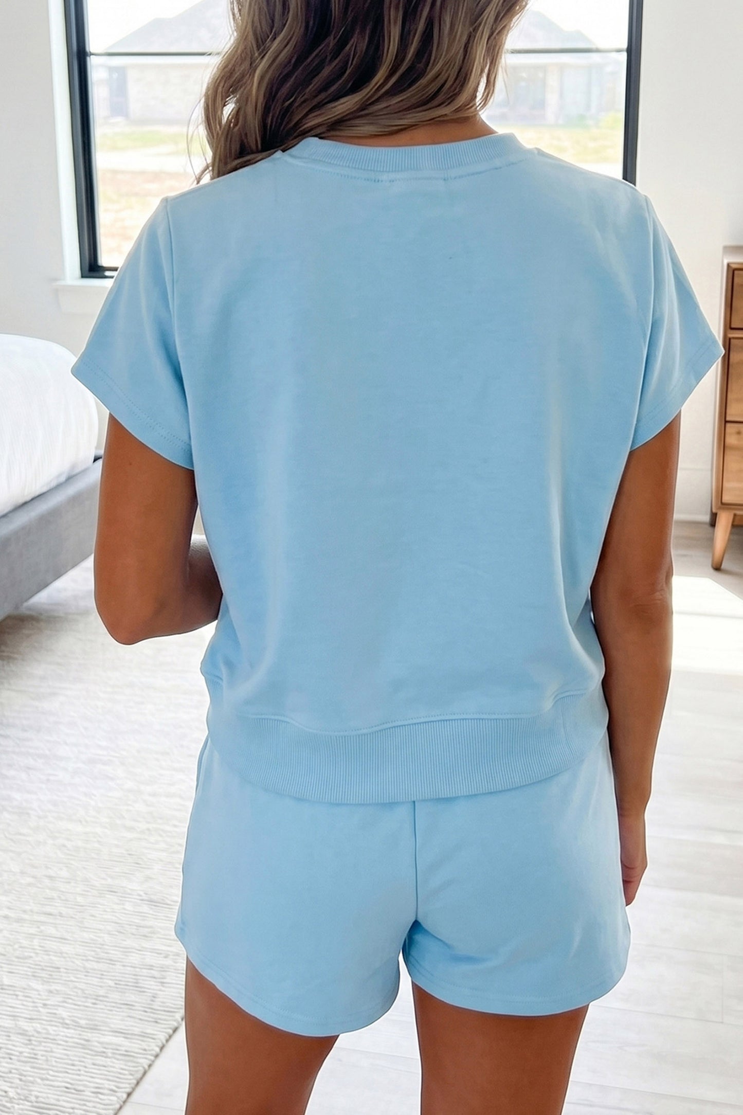 Mist Blue Embroidered Rugby Bow Graphic Relaxed Tee and Shorts Set