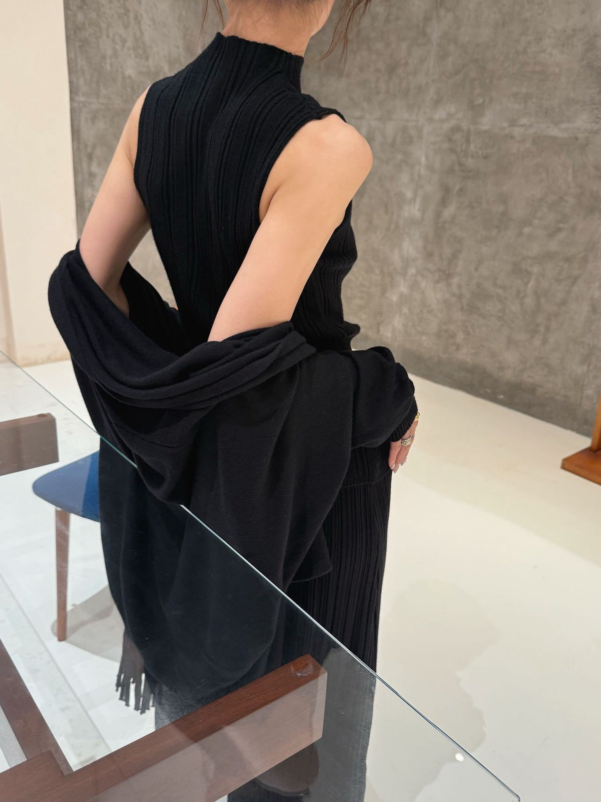 Knitted three-piece set, knitted shawl, vest and skirt