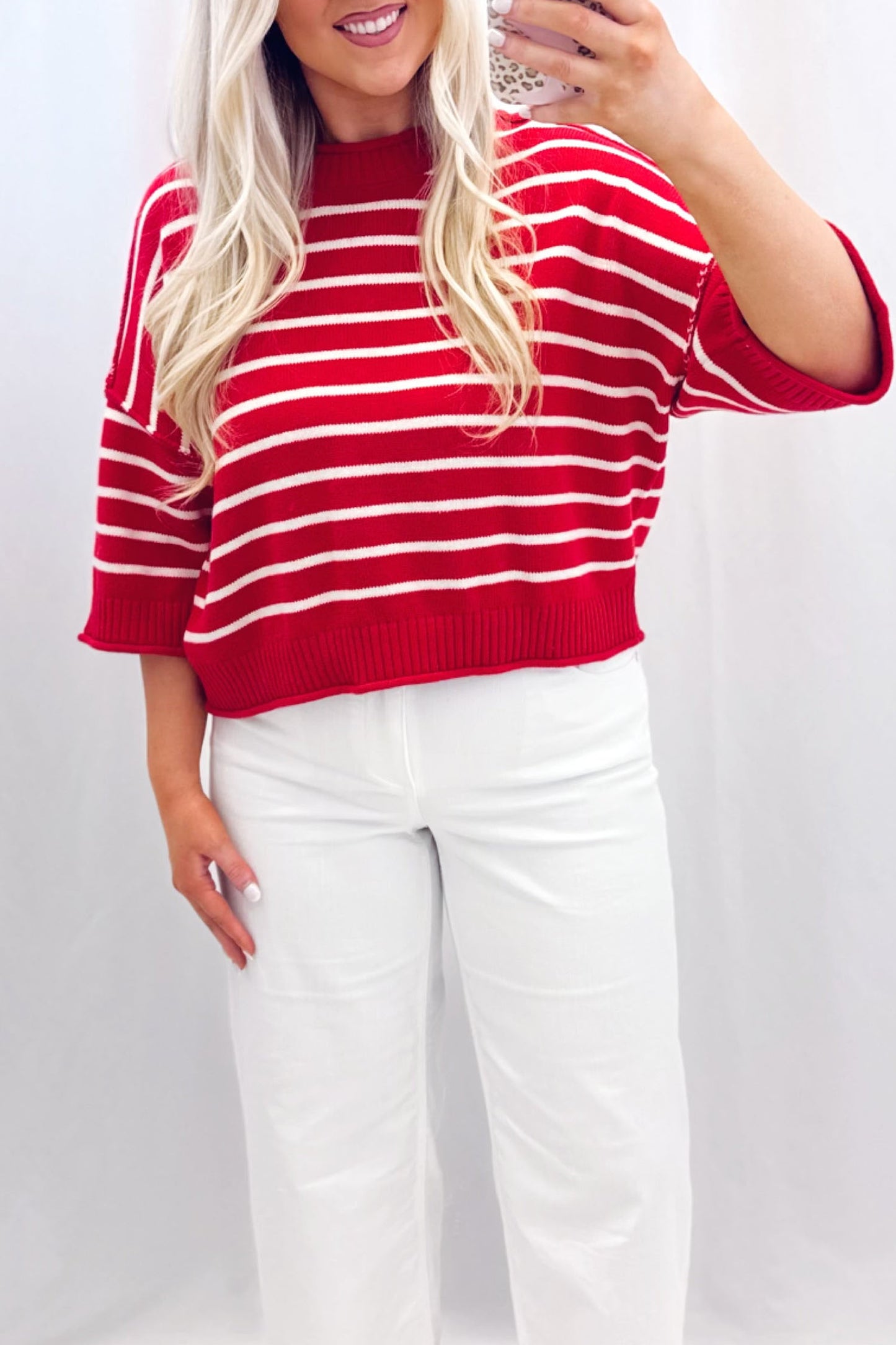 Red Stripe Dropped Shoulder Half Sleeve Relaxed Knit Sweater