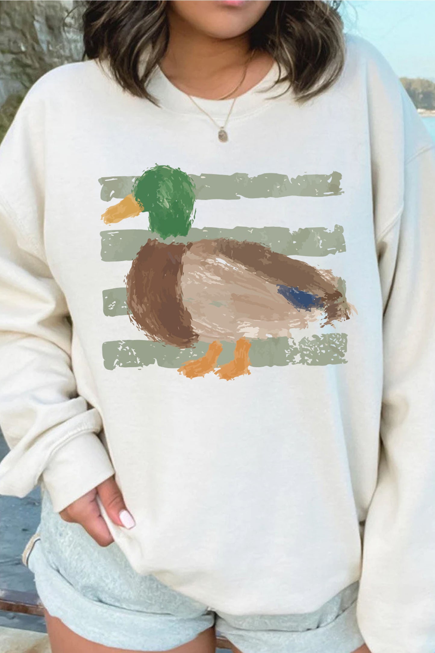 White Western Duck Graphic Casual Pullover Sweatshirt