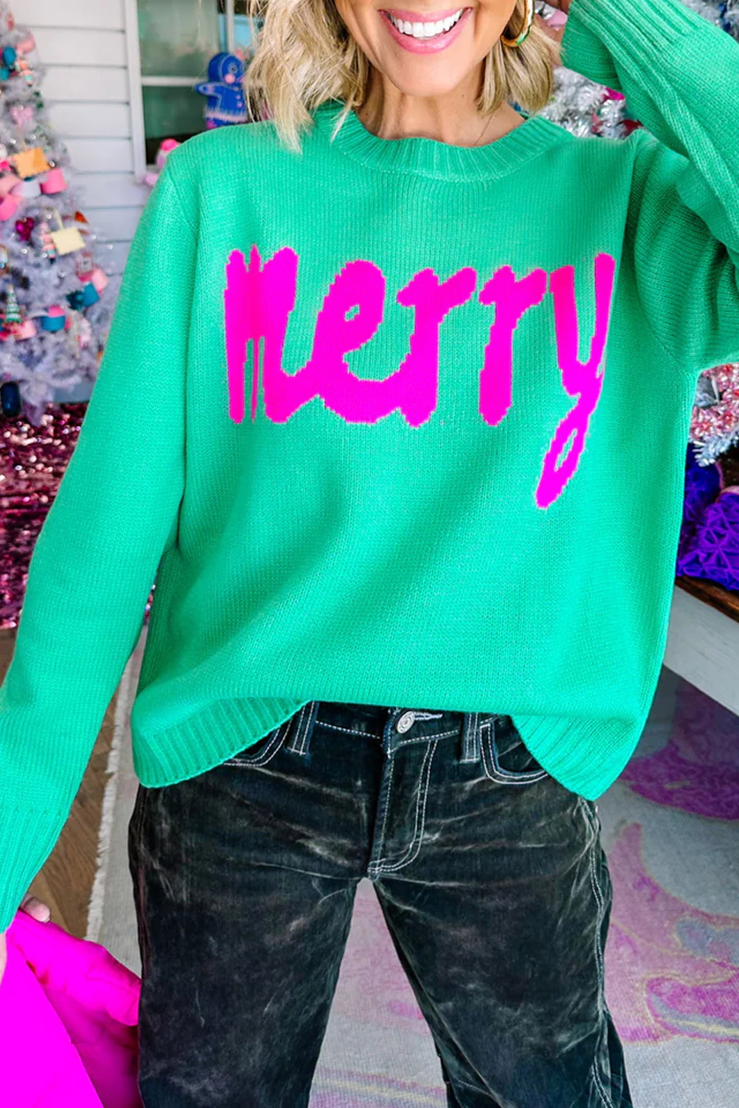Bright Green Merry Print Ribbed Trim Round Neck Loose Fit Sweater