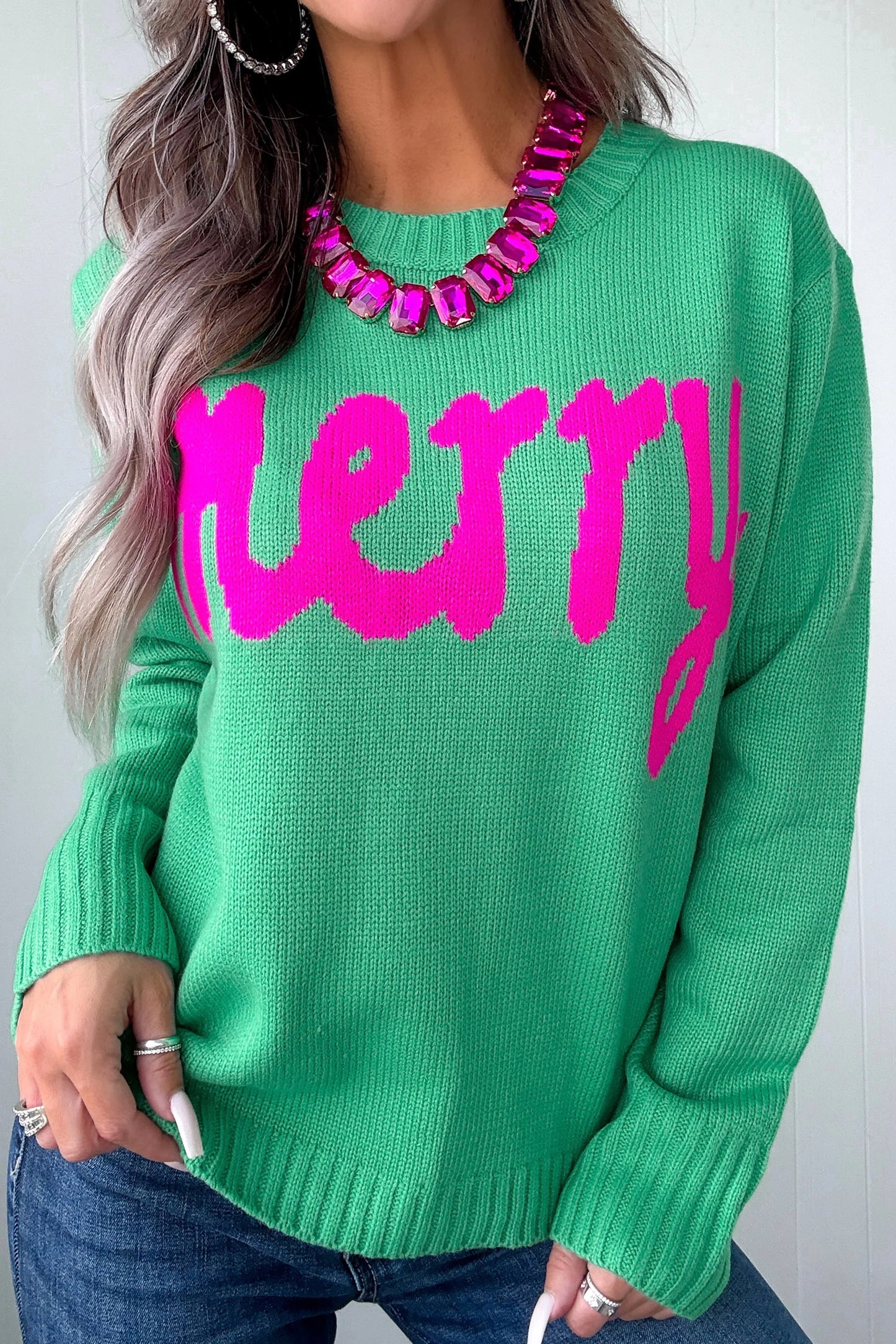 Bright Green Merry Print Ribbed Trim Round Neck Loose Fit Sweater