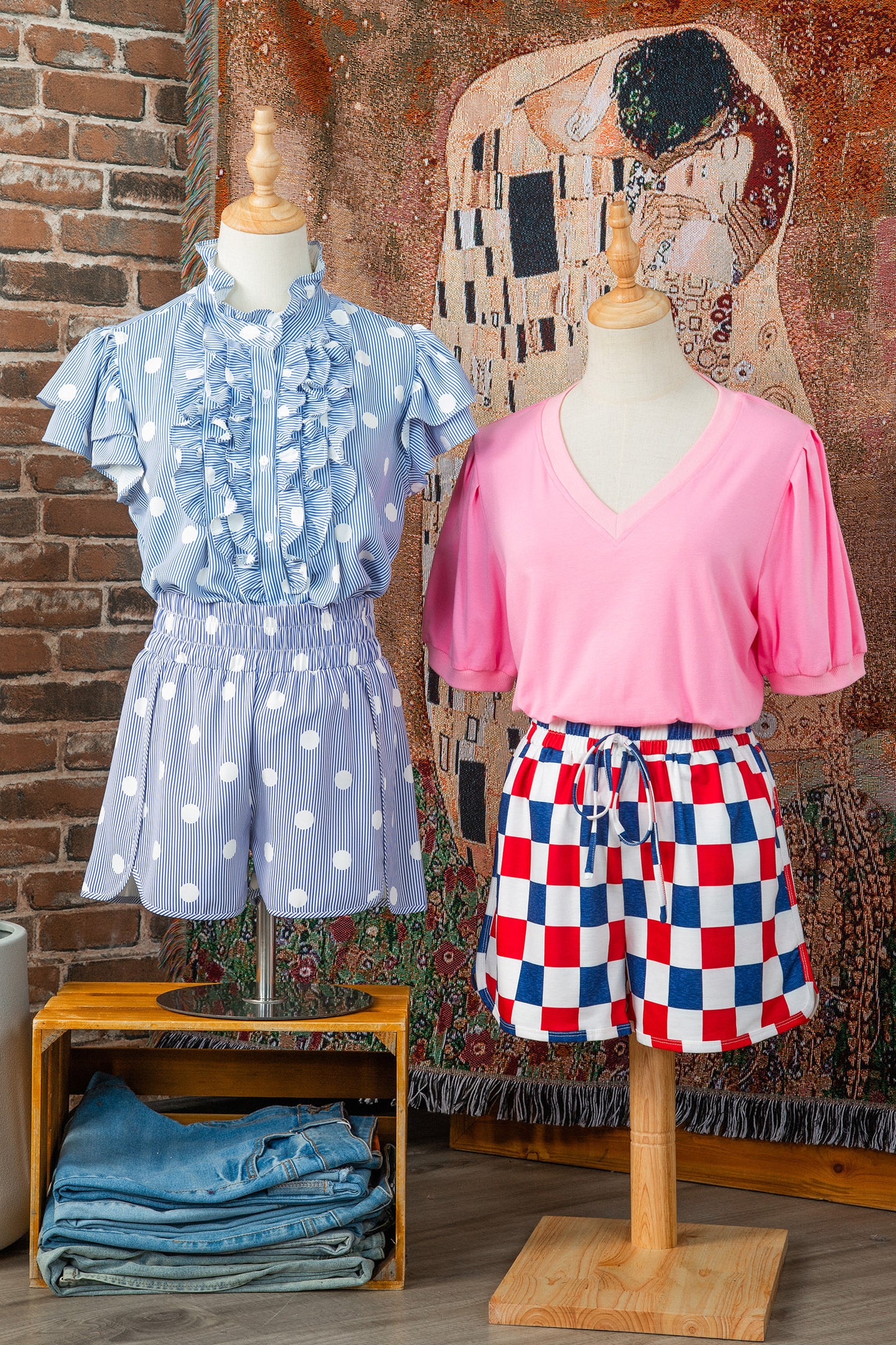 Apricot Polka Dot Print Shirred High Waist Casual Shorts
