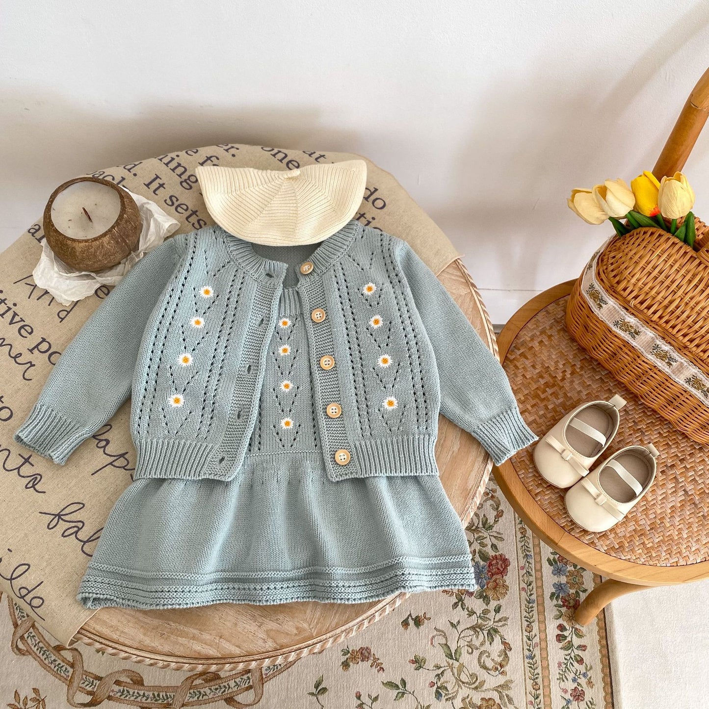 Daisy embroidered knitted coat and a knitted halter dress separates
