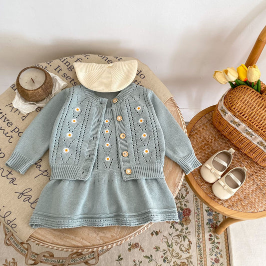 Daisy embroidered knitted coat and a knitted halter dress separates