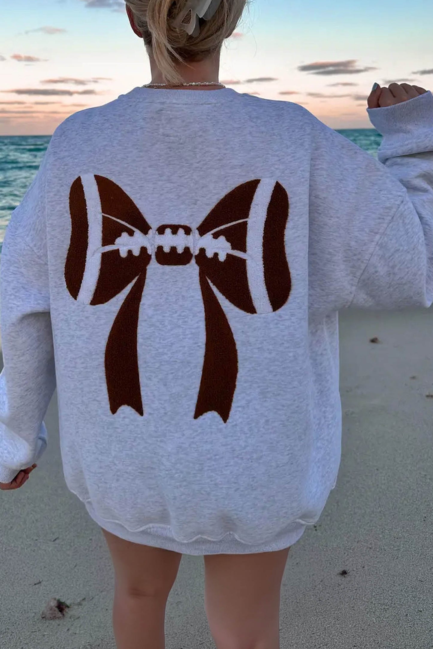 Gray Chenille Embroidered Rugby Bow Game Day Oversized Sweatshirt