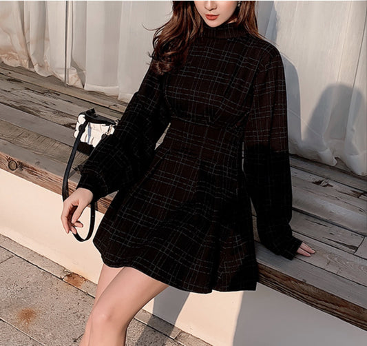 Plaid waist-cinching dress, little black dress