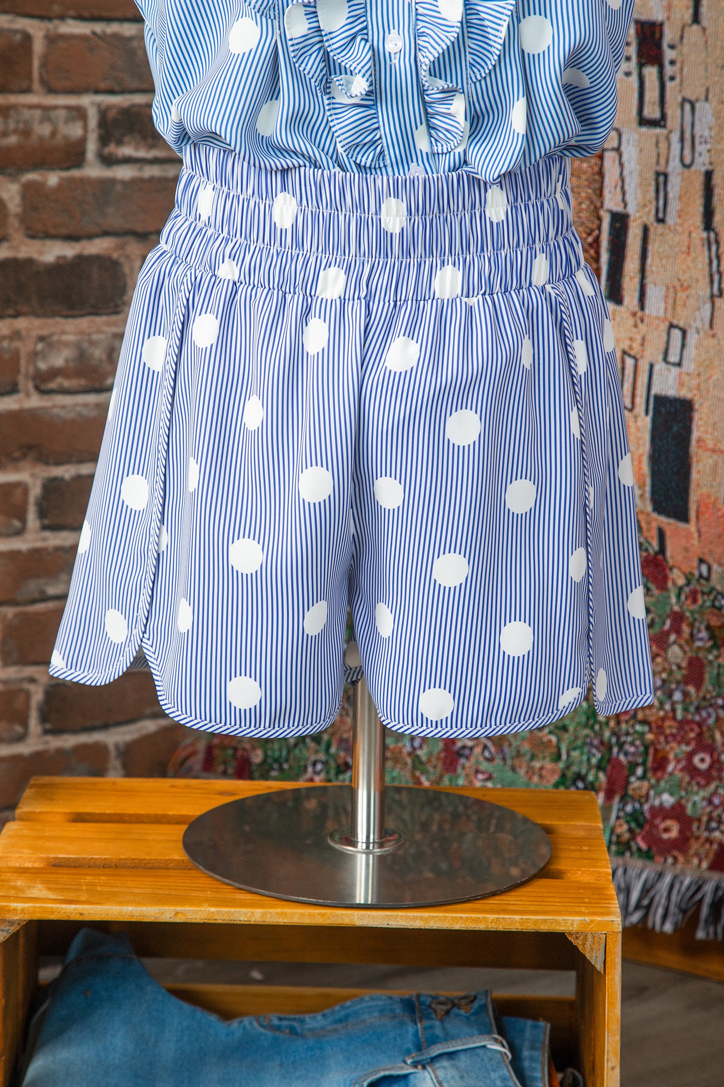 Apricot Polka Dot Print Shirred High Waist Casual Shorts