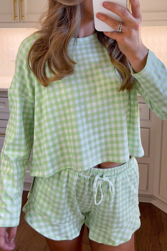 Green Gingham Long Sleeve Loose Top Drawstring Shorts 2pcs Lounge Set
