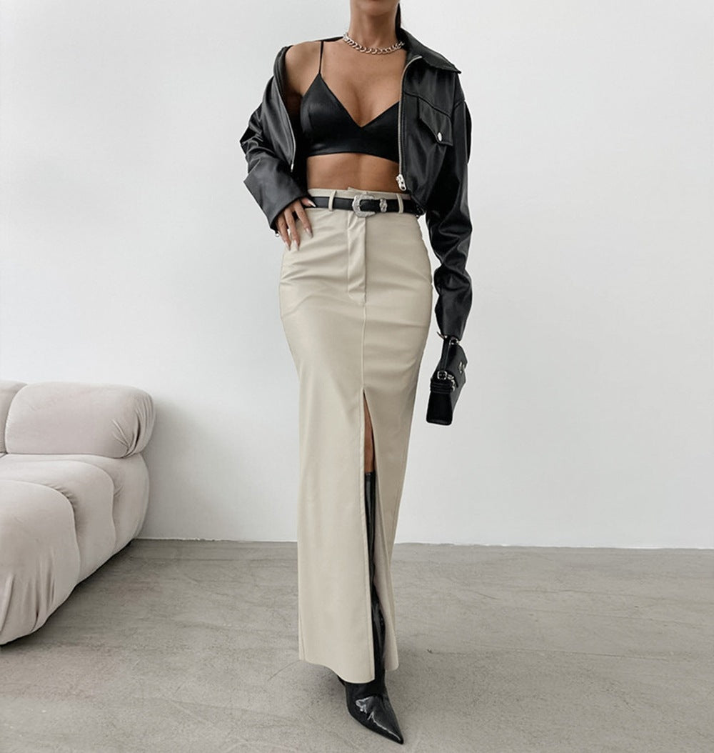 PU leather solid-color high-waisted, slit, slimming long skirt