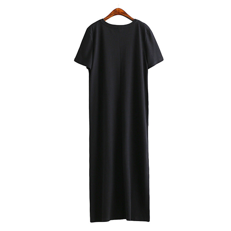 Long, round-neck base dress, loose short-sleeved dress