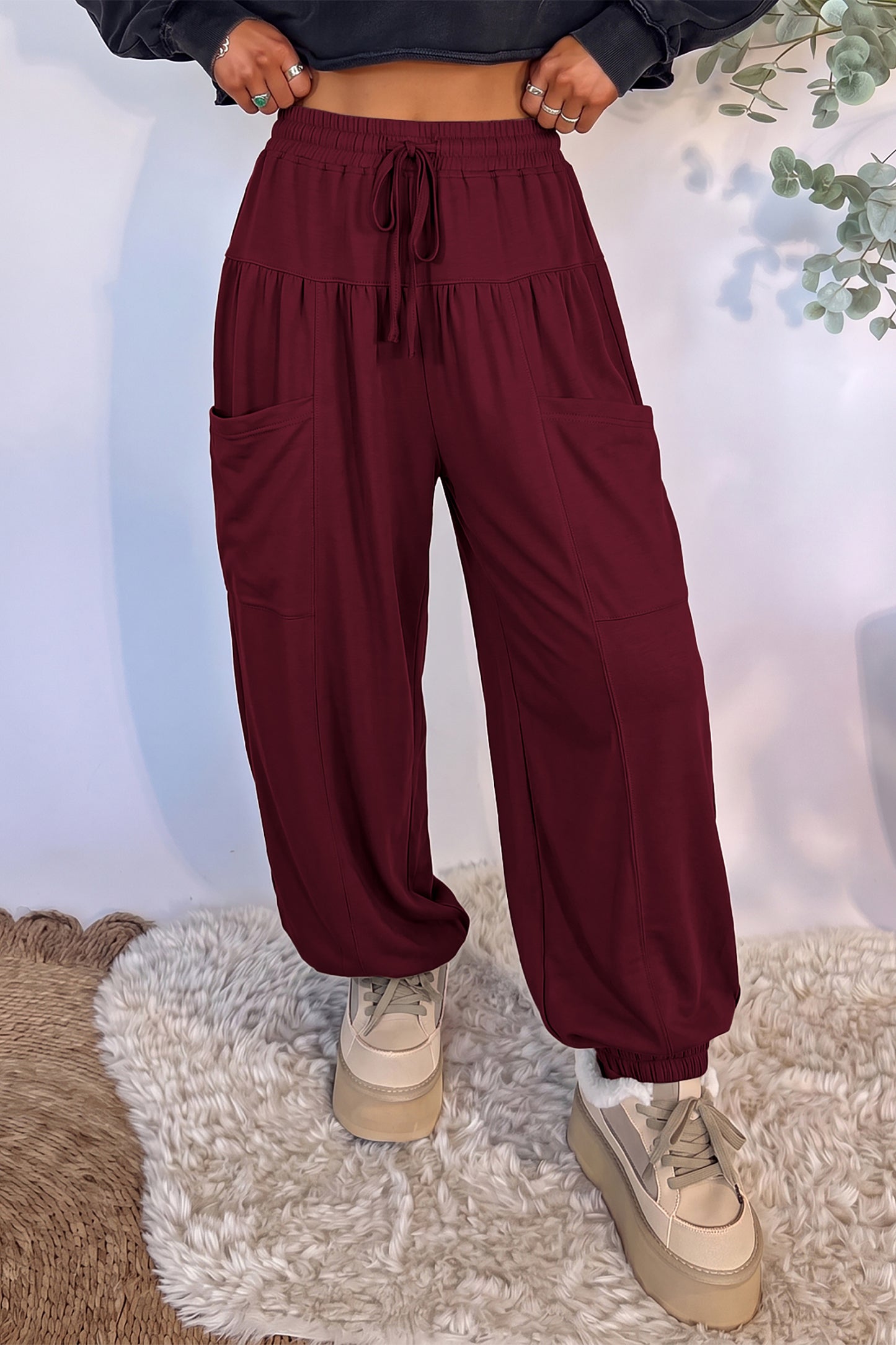 Dirty blue Elastic Waist Drawstring Wide Leg Full Length Pants