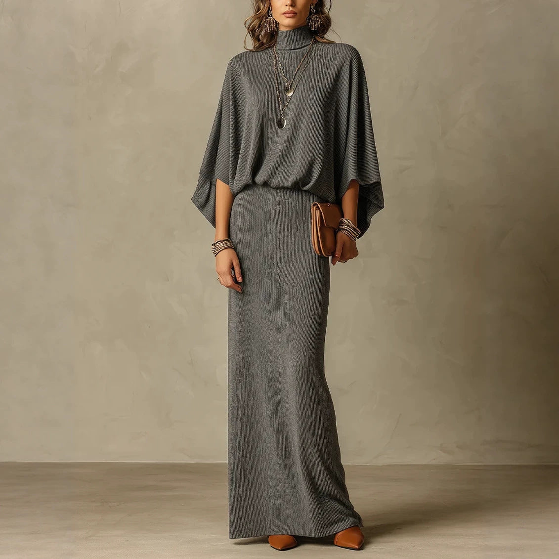Solid-color bat wing jacket and form-fitting two-piece set