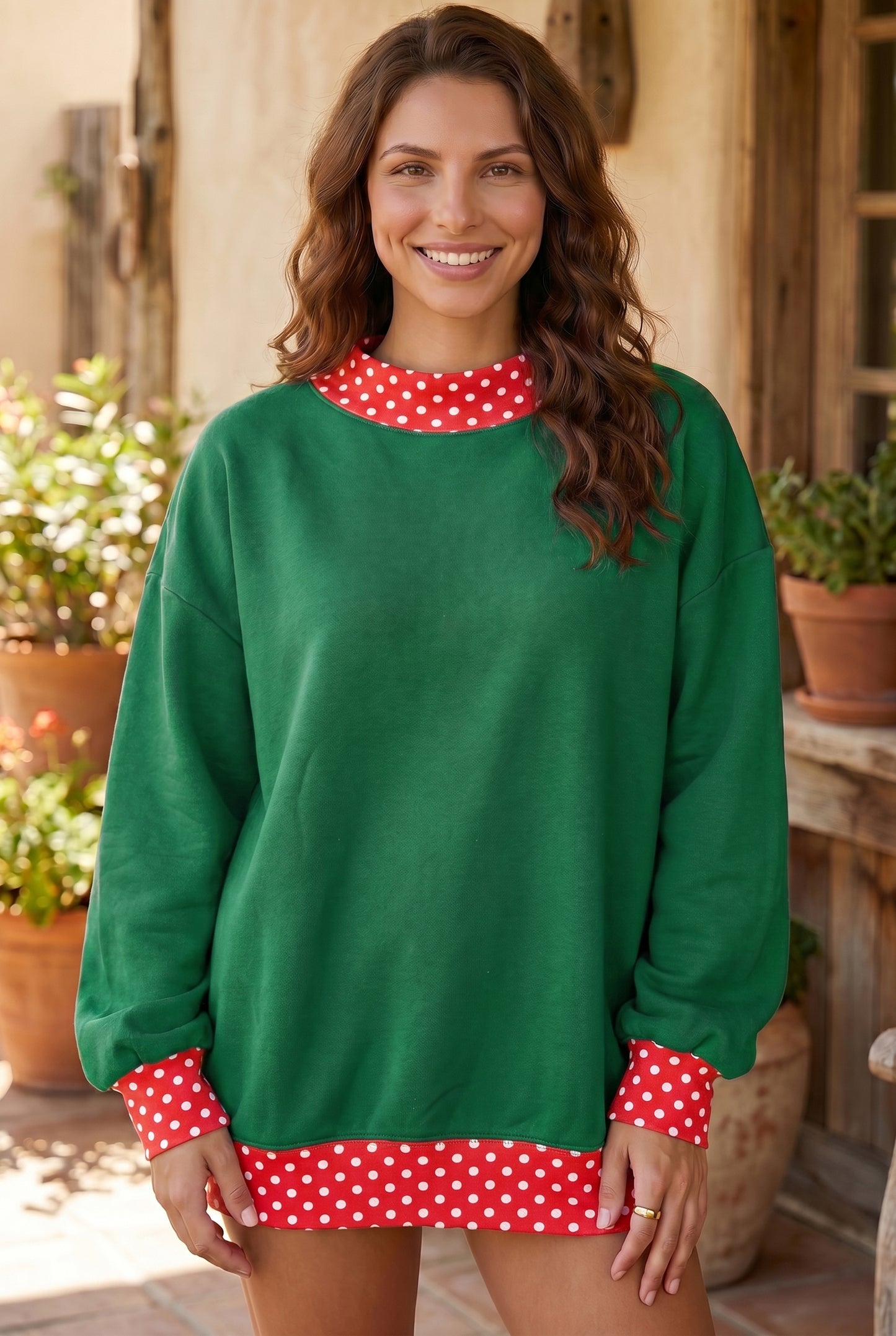 Racing Red Colorblock Polka Dot Contrast Trim Oversized Sweatshirt