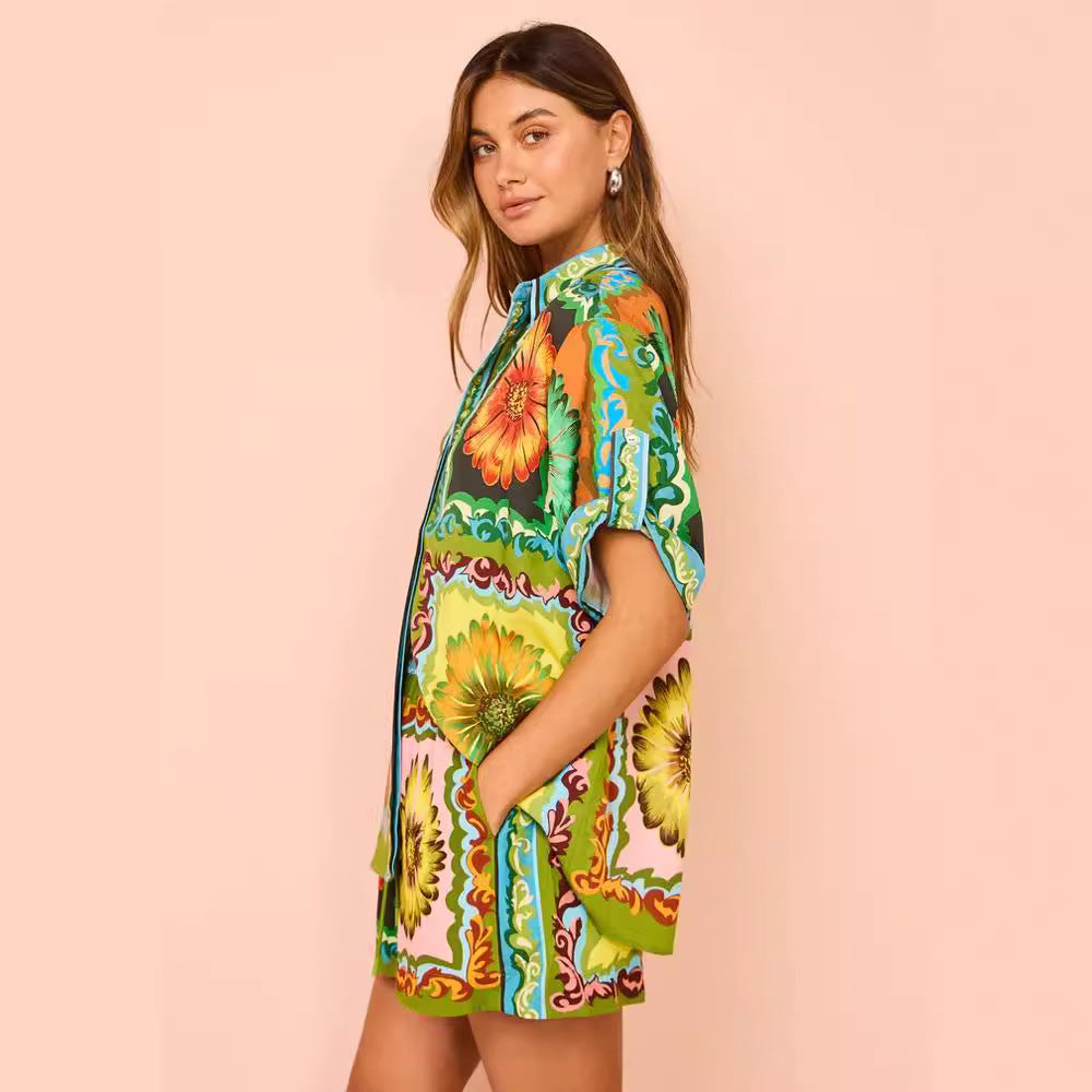 Sunflower Print Elastic Waist Shorts Set