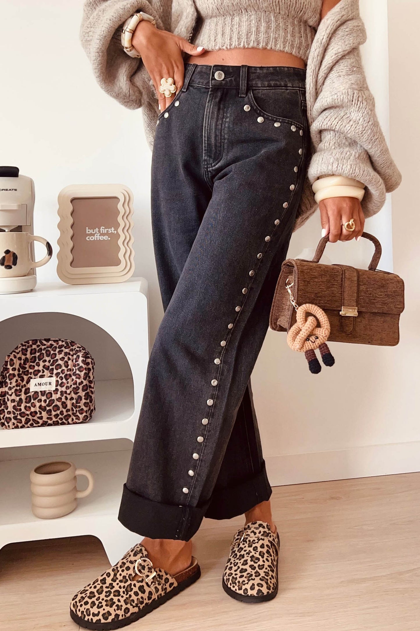 Black Studded Detail Straight Leg Casual Loose Jeans