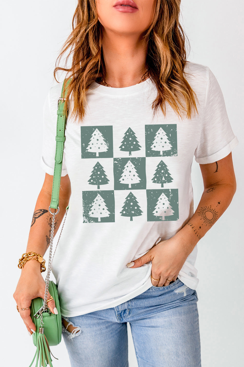 White Christmas Tree Checkered Distressed Graphic Tee