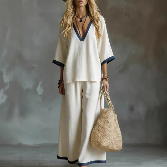 Cotton and linen long pants, short sleeves