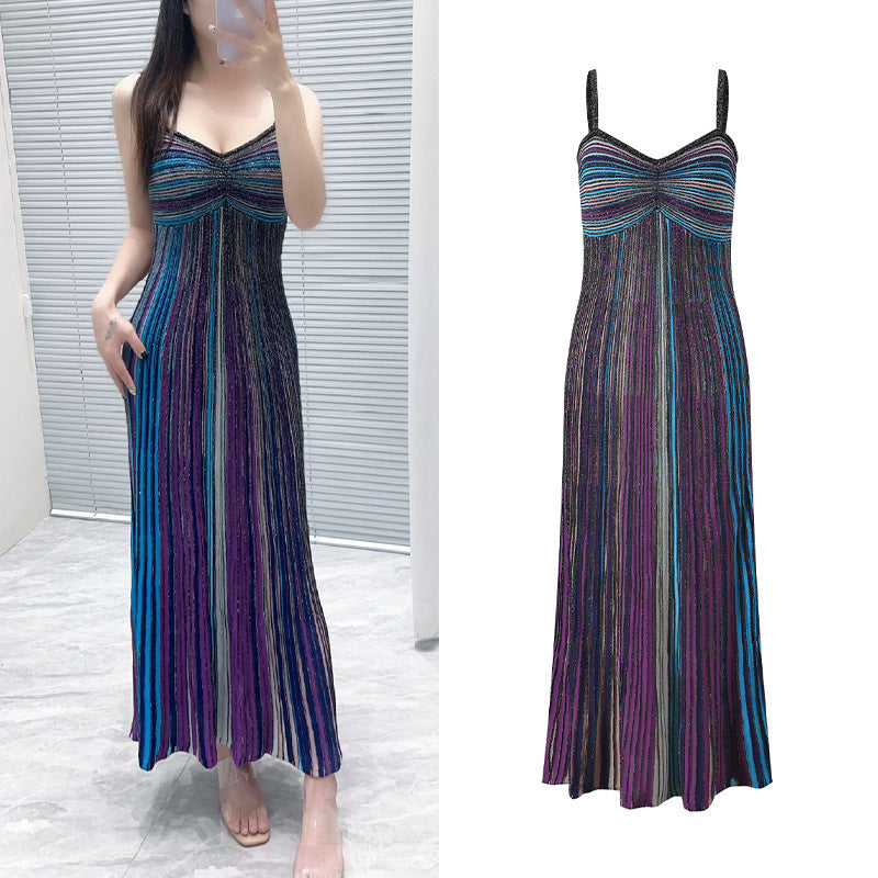 colorful striped pleated long dress