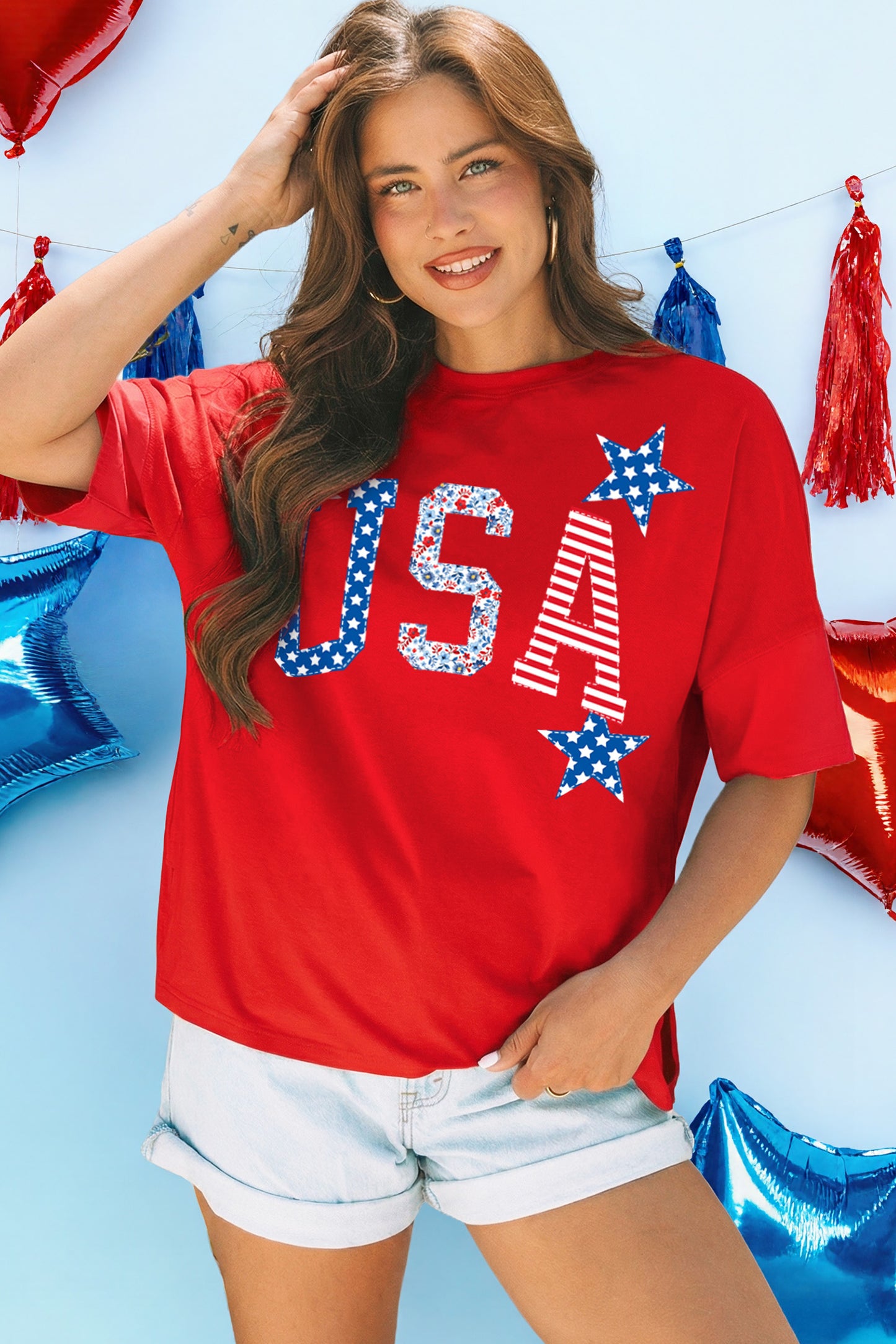 Fiery Red USA Patriotic Star Patched Oversize Tee