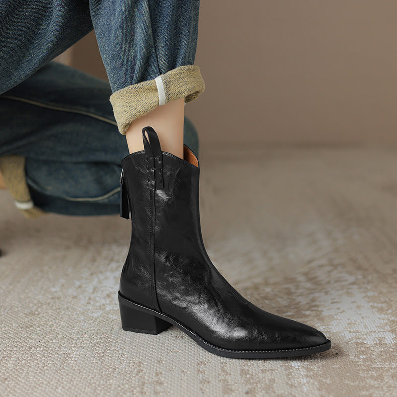 Pointed-toe Western cowboy boots, chunky-heeled stylish ankle boots