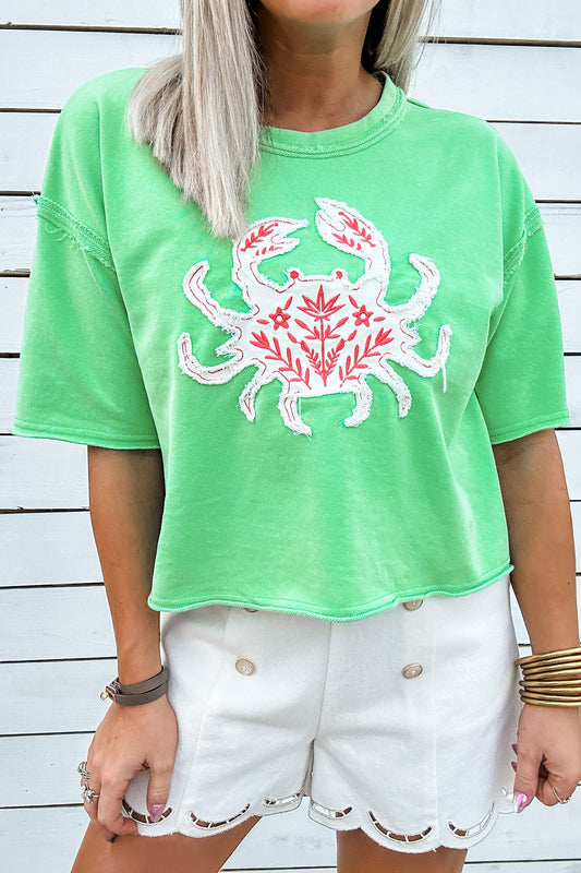 Bright Green Crab Embroidery Short Sleeve Round Neck Tee