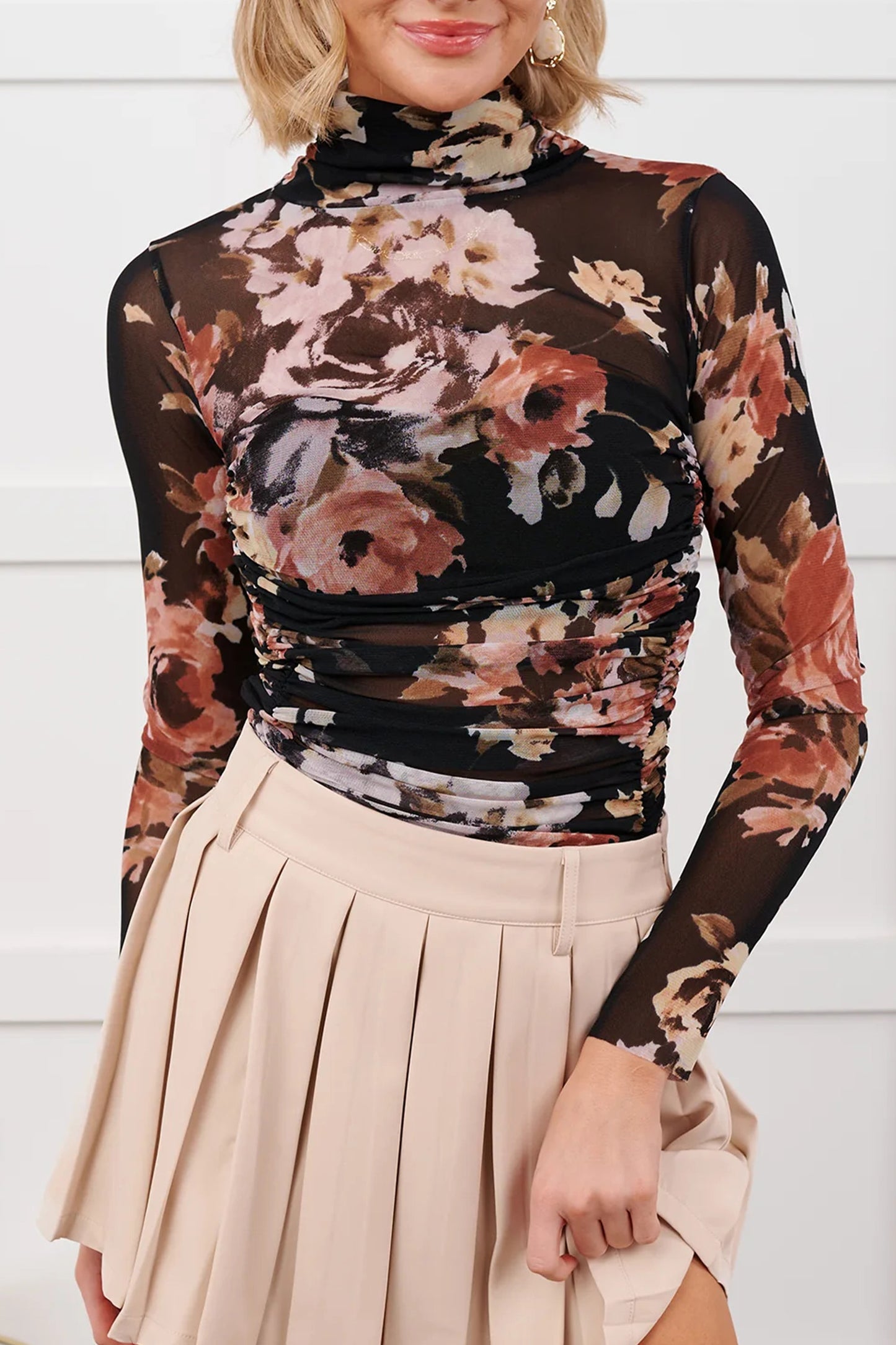 Brown Heartfelt Glance Floral Mesh Bodysuit