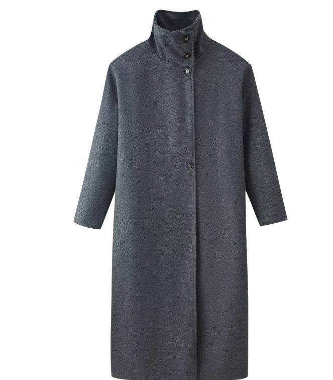 Women's casual stand-up collar and long knee-length loose woolen coat