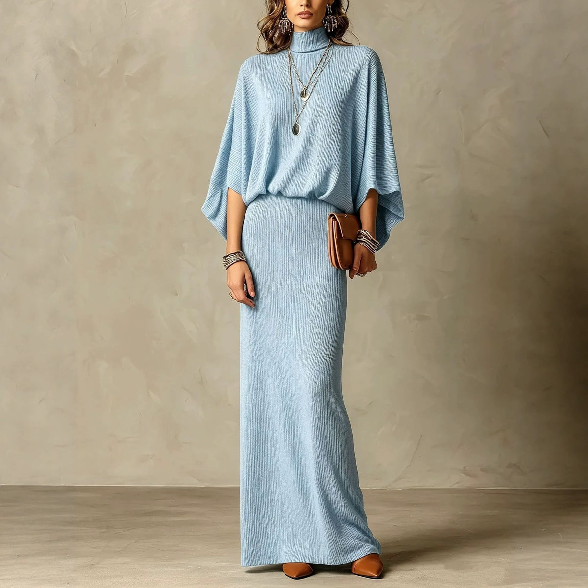 Solid-color bat wing jacket and form-fitting two-piece set