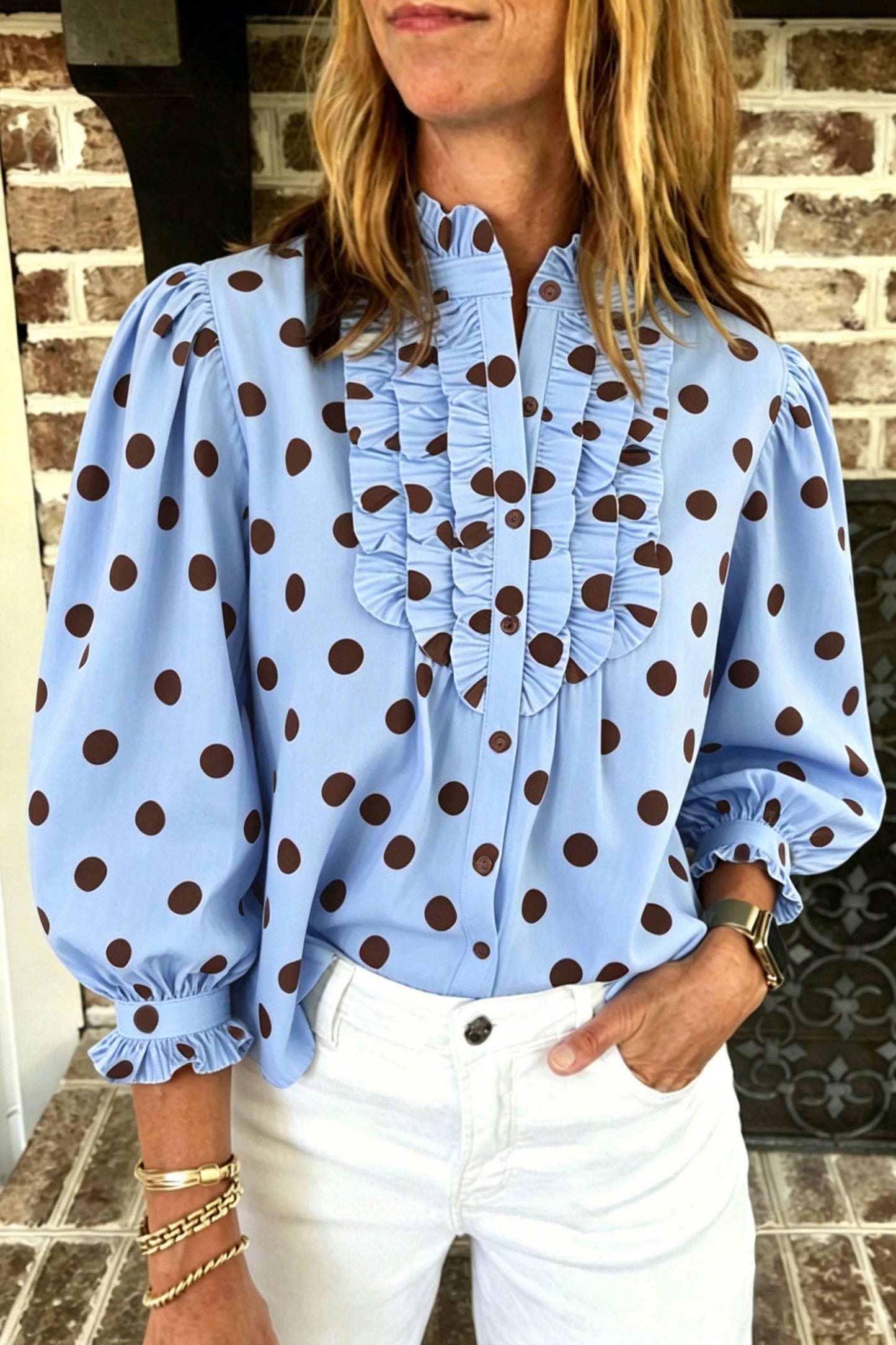 Black white Polka Dot Striped Print Ruffle Stand Neck 3/4 Sleeve Shift Shirt
