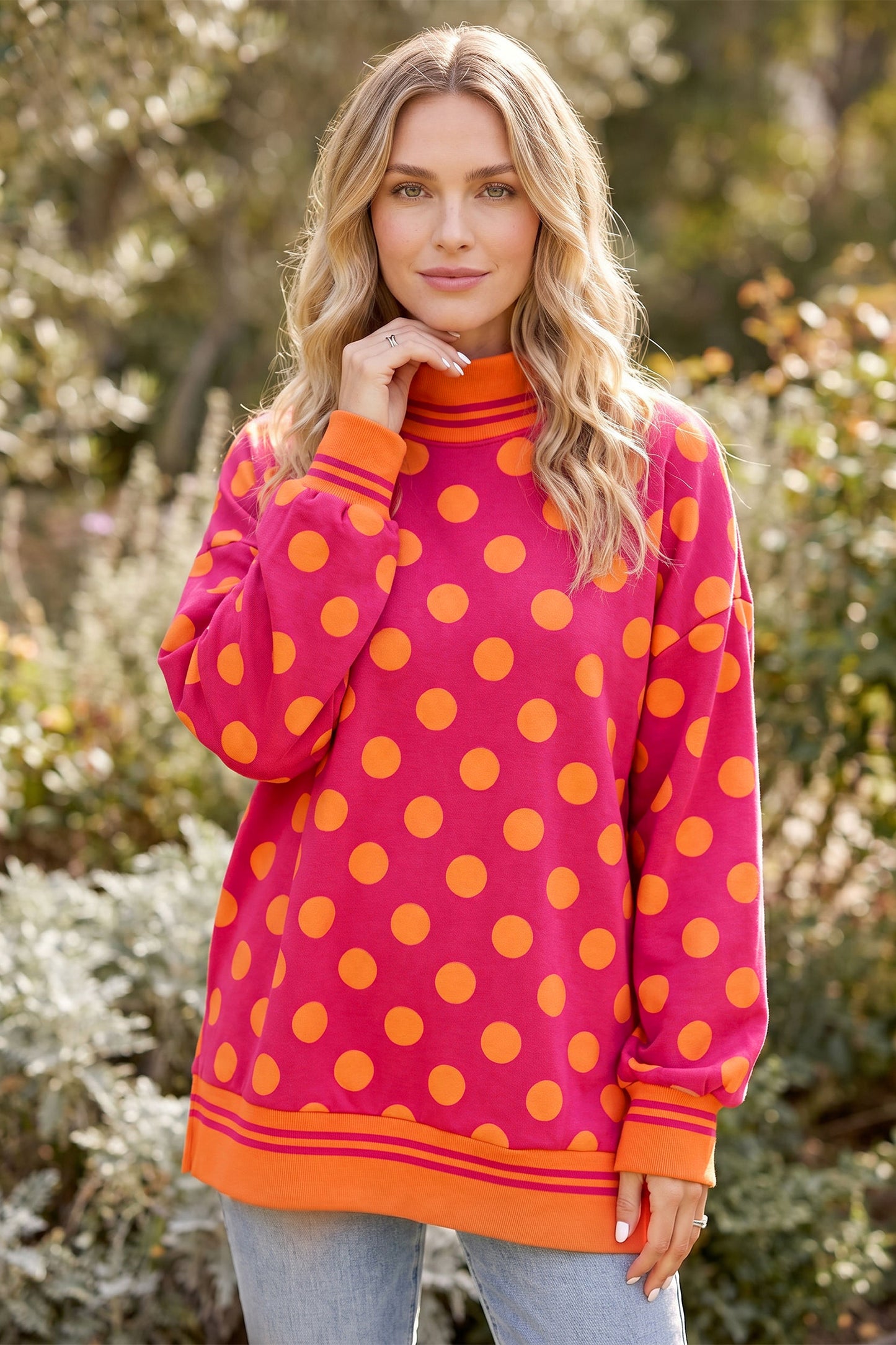 Pink Polka Dot Striped Trim Mock Neck Sweatshirt