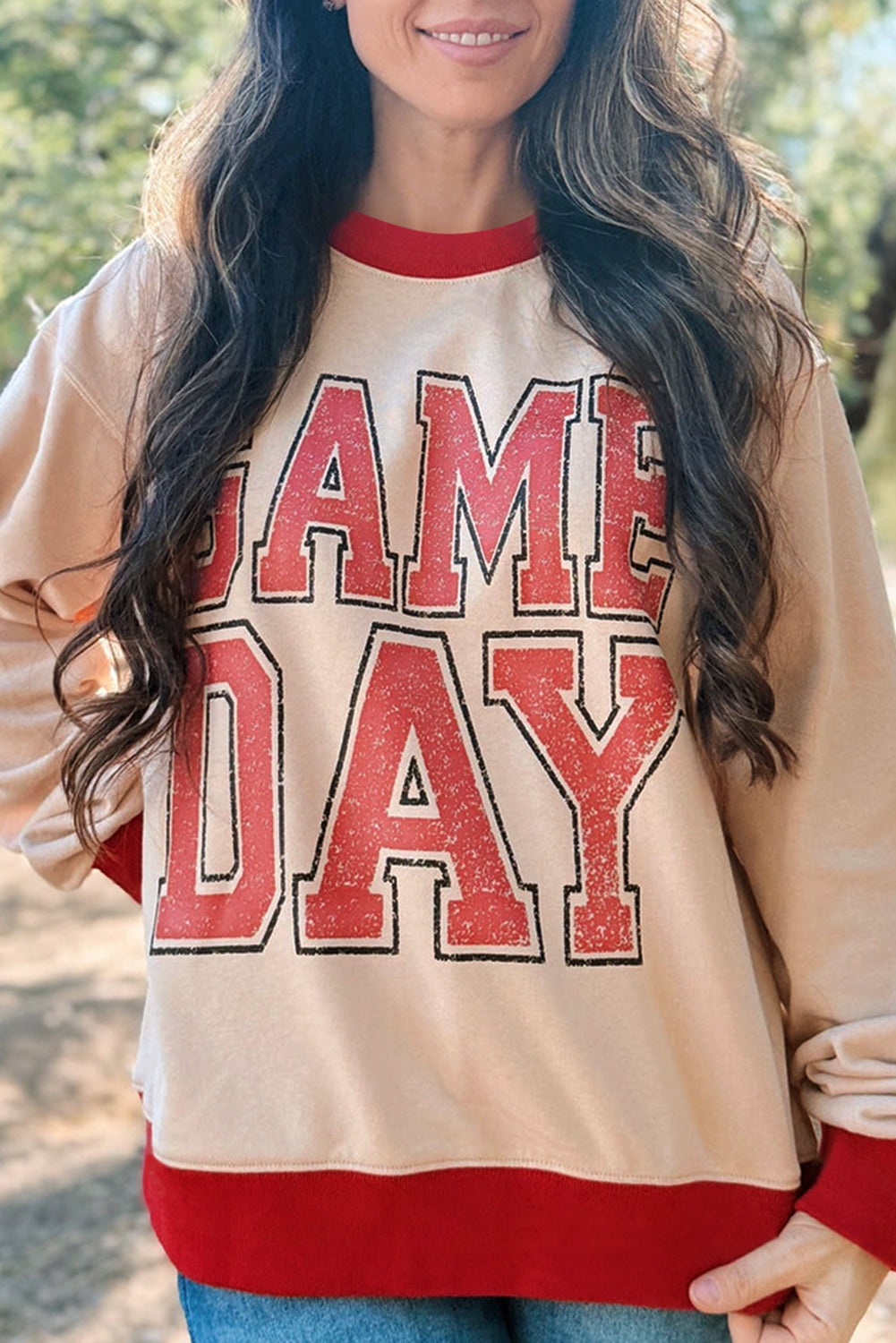 White GAME DAY Letter Contrast Trim Baggy Sweatshirt