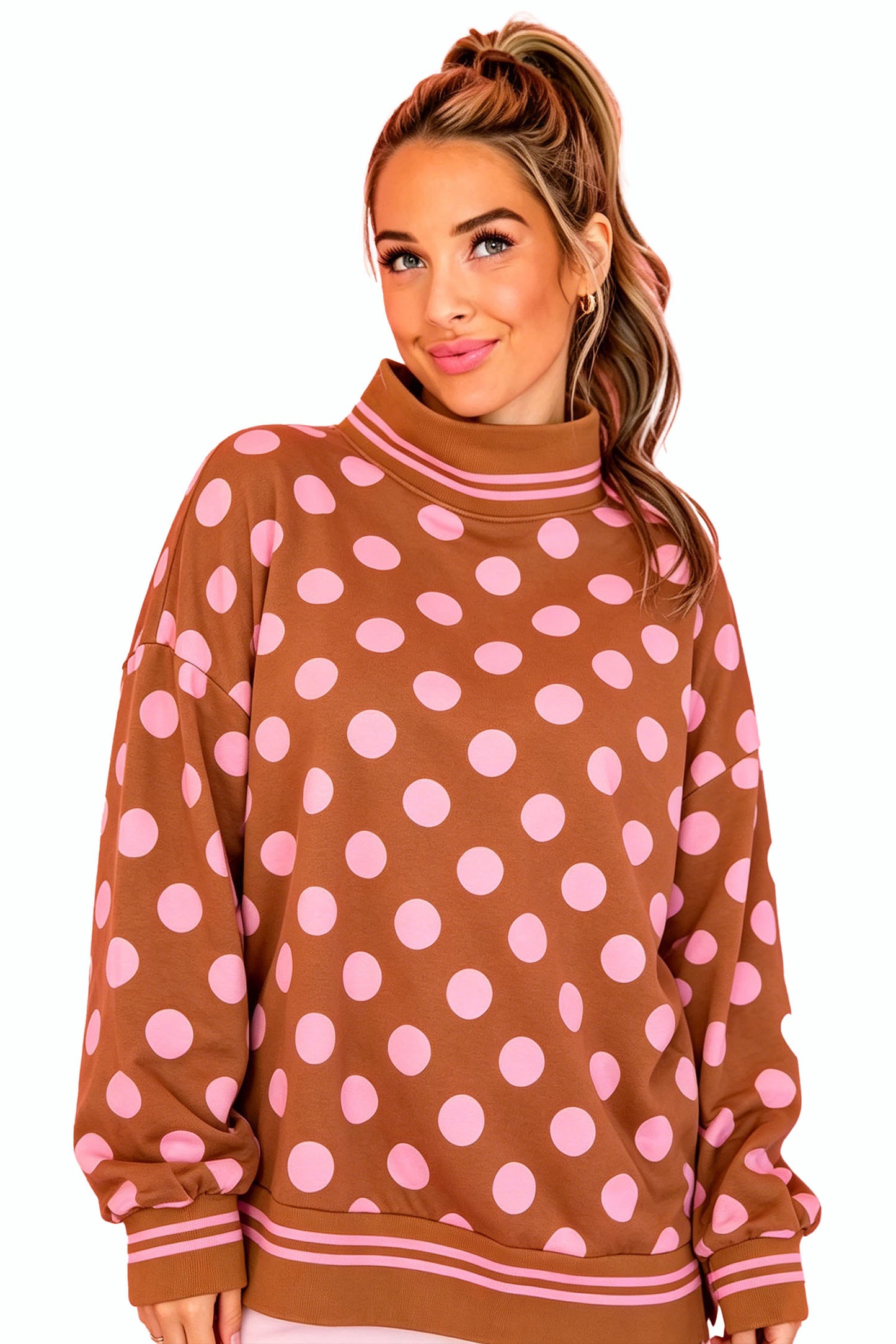 Pink Polka Dot Striped Trim Mock Neck Sweatshirt