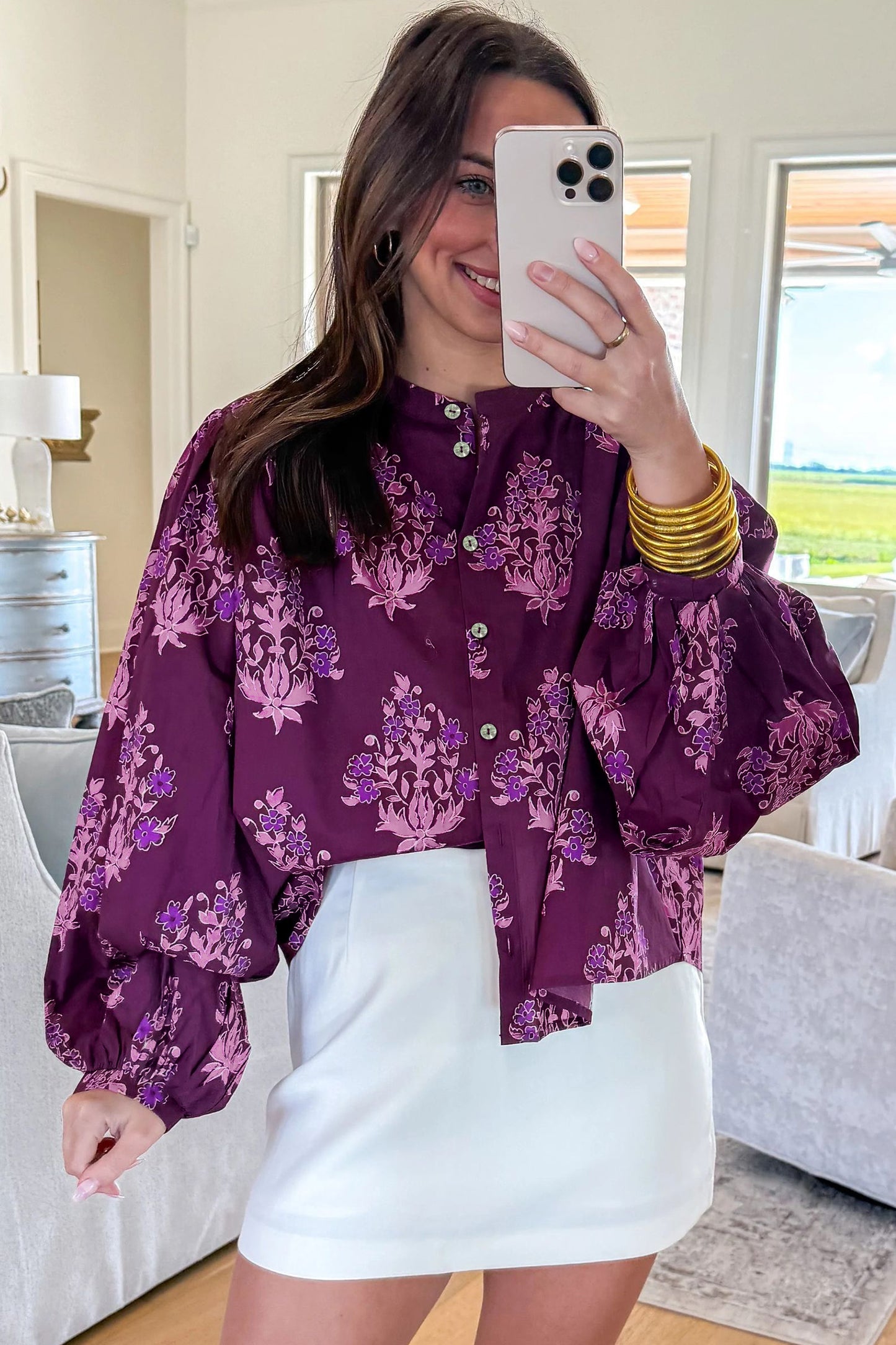 Purple Floral Print Button-Up Long Sleeve Regular Fit Shift Blouse