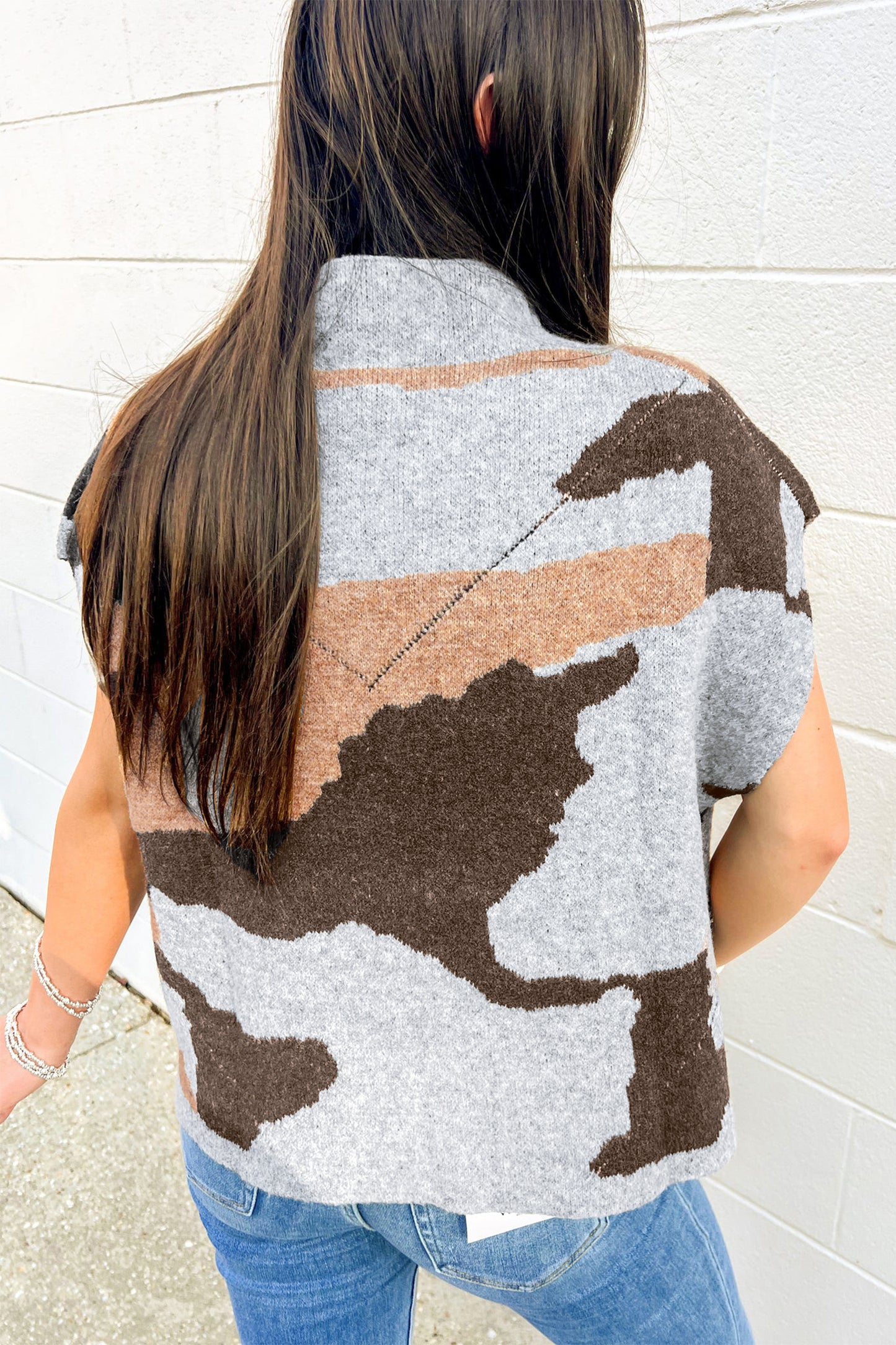 Gray Camouflage Pattern Drop Shoulder High Neck Short Sleeve Shift Sweater