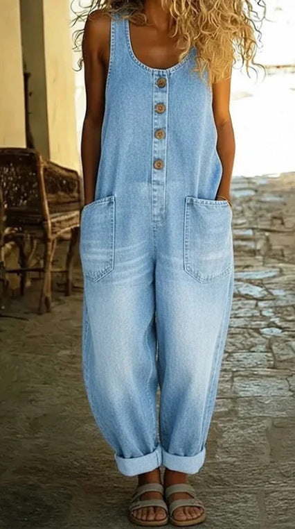 wide-leg denim jumpsuit