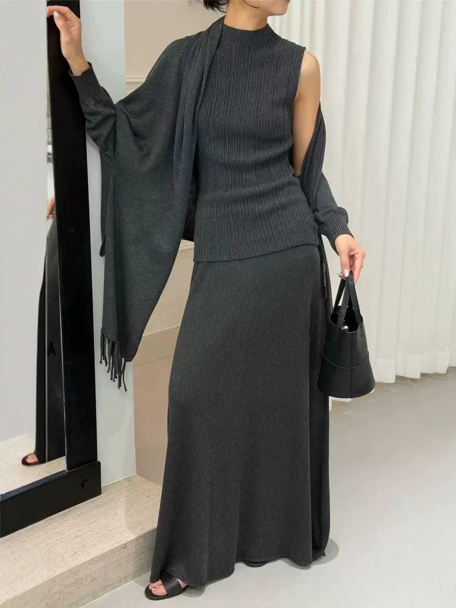 Knitted three-piece set, knitted shawl, vest and skirt