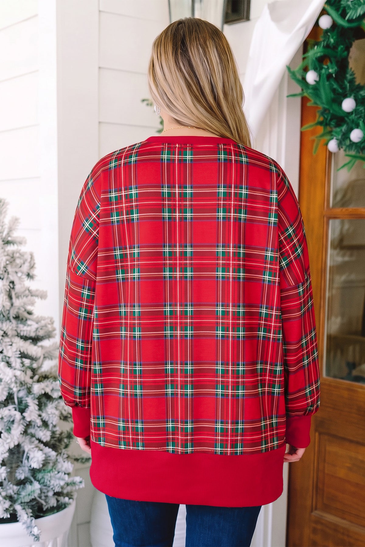 Red Plus Size Festive Plaid Long Sleeve Split Tunic Sweatshirt