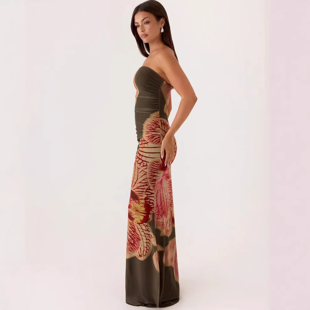 Printed strapless long dress