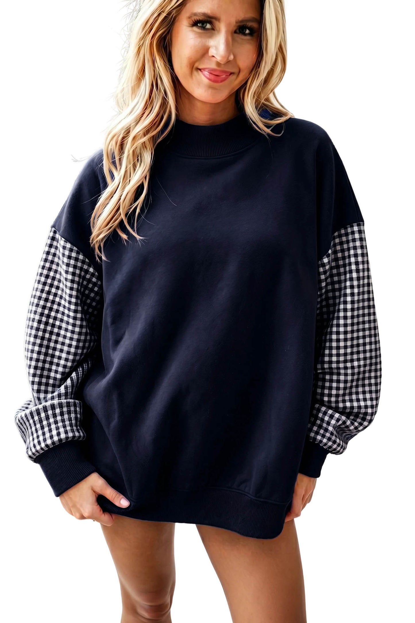 Pink Plaid Sleeve Colorblock Loose Tunic Sweatshirt